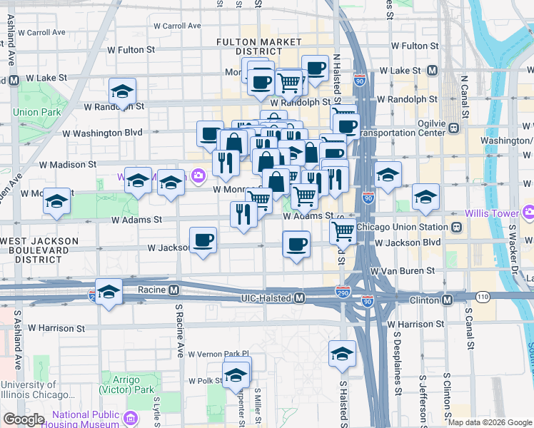 map of restaurants, bars, coffee shops, grocery stores, and more near 113 South Morgan Street in Chicago