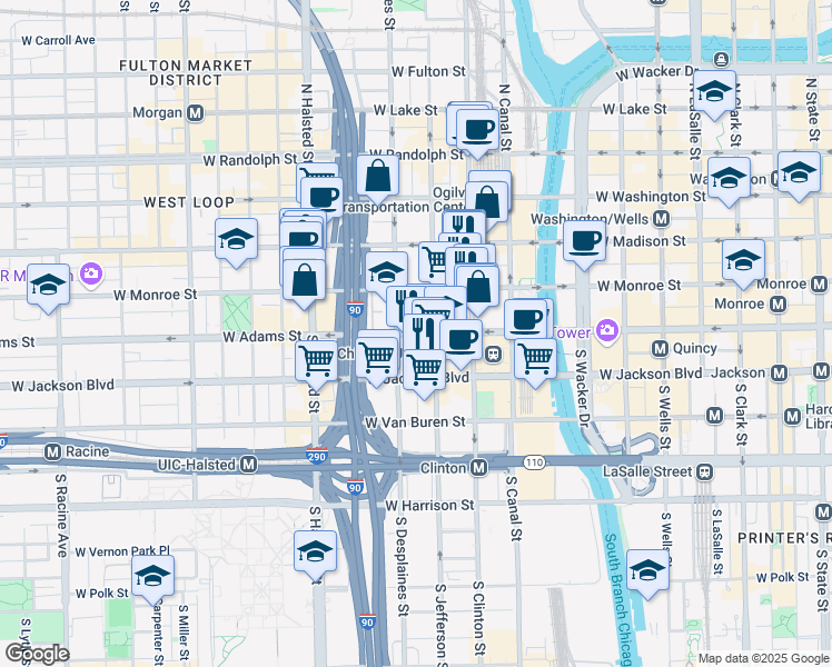 map of restaurants, bars, coffee shops, grocery stores, and more near 119 South Desplaines Street in Chicago