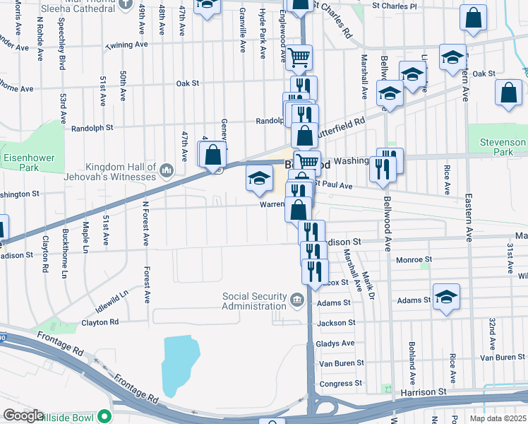 map of restaurants, bars, coffee shops, grocery stores, and more near 4100 Warren Avenue in Hillside