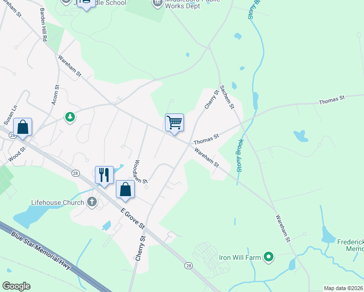 map of restaurants, bars, coffee shops, grocery stores, and more near 41 Cherry Street in Middleborough