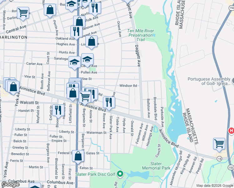 map of restaurants, bars, coffee shops, grocery stores, and more near 67 Windsor Road in Pawtucket