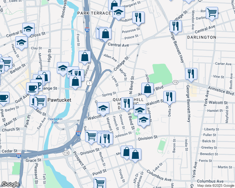 map of restaurants, bars, coffee shops, grocery stores, and more near 66 Lyon Street in Pawtucket