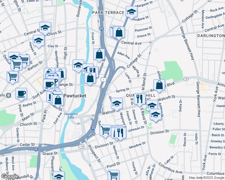 map of restaurants, bars, coffee shops, grocery stores, and more near 5 Howard Avenue in Pawtucket