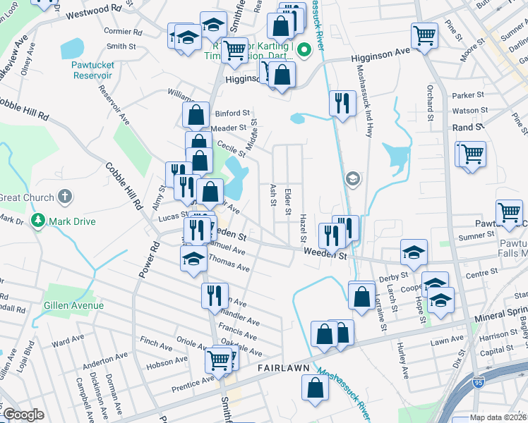 map of restaurants, bars, coffee shops, grocery stores, and more near 20 Columbia Avenue in Lincoln