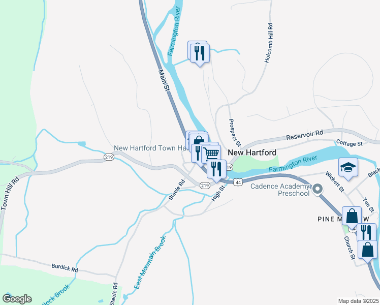 map of restaurants, bars, coffee shops, grocery stores, and more near 551 Main Street in New Hartford