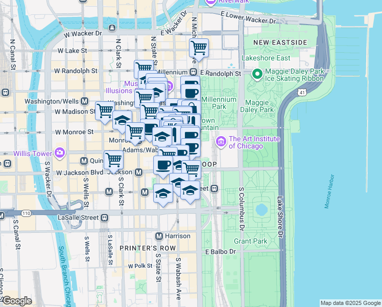 map of restaurants, bars, coffee shops, grocery stores, and more near 135 South Wabash Avenue in Chicago