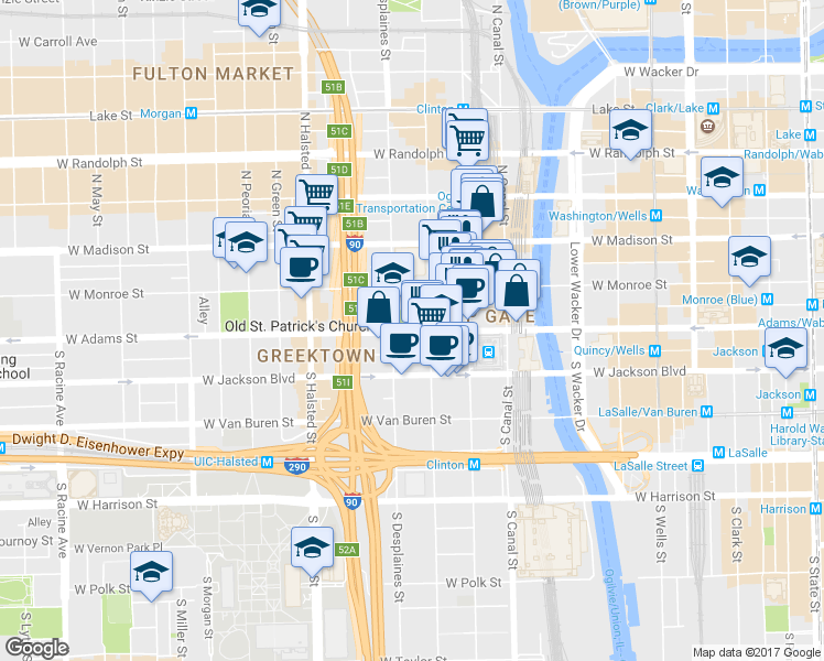 map of restaurants, bars, coffee shops, grocery stores, and more near 119 South Desplaines Street in Chicago