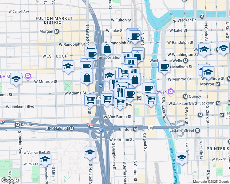 map of restaurants, bars, coffee shops, grocery stores, and more near 119 South Desplaines Street in Chicago