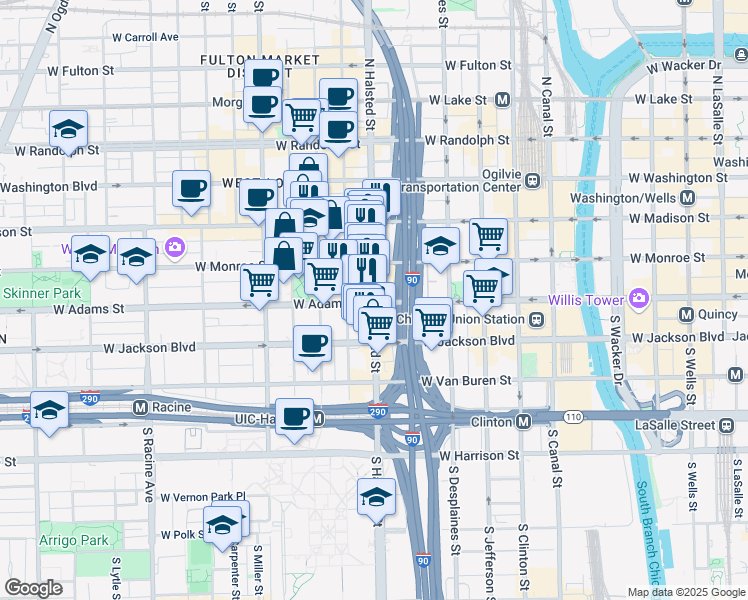 map of restaurants, bars, coffee shops, grocery stores, and more near 40 South Halsted Street in Chicago