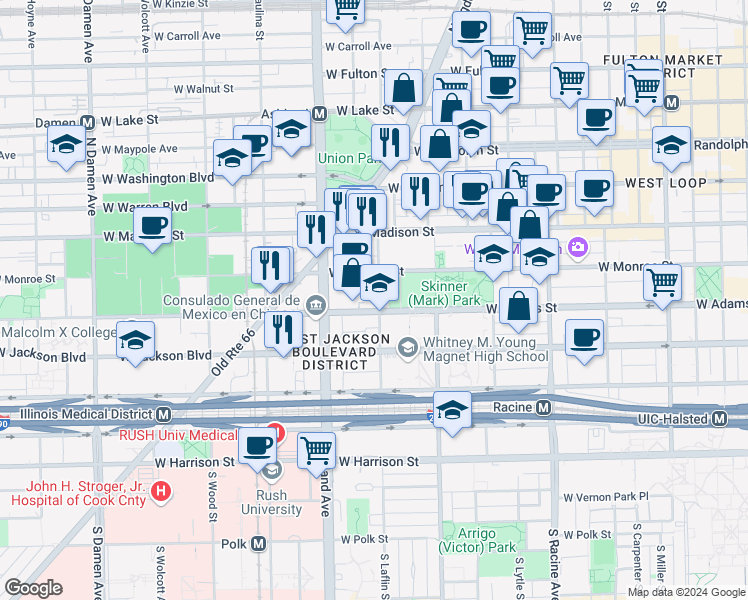 map of restaurants, bars, coffee shops, grocery stores, and more near 104 South Laflin Street in Chicago