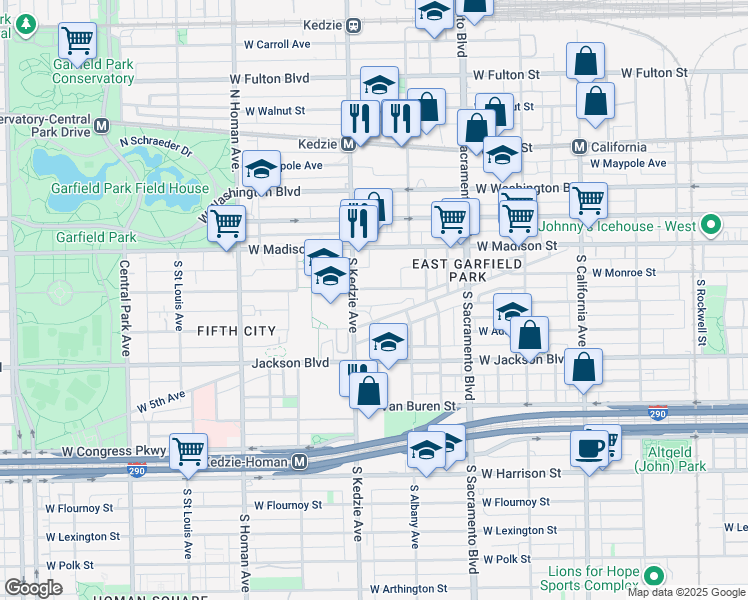 map of restaurants, bars, coffee shops, grocery stores, and more near 3152 West Madison Street in Chicago