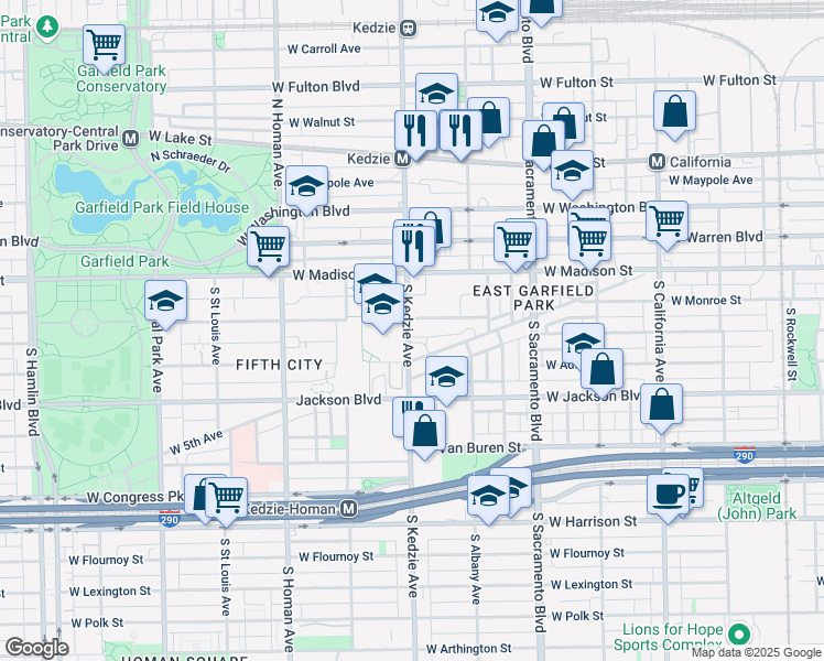 map of restaurants, bars, coffee shops, grocery stores, and more near 3200 West Monroe Street in Chicago
