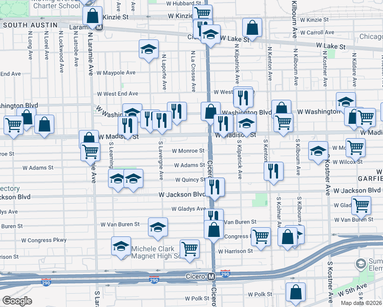map of restaurants, bars, coffee shops, grocery stores, and more near 4843 West Madison Street in Chicago