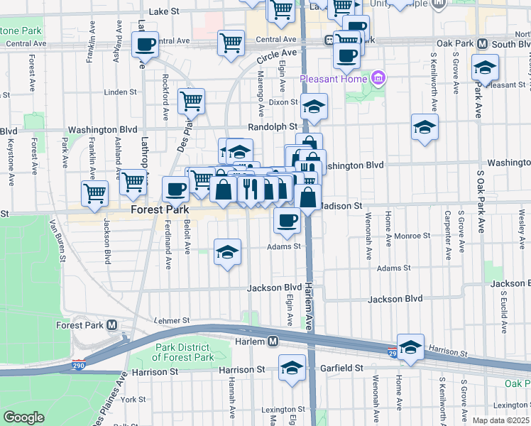 map of restaurants, bars, coffee shops, grocery stores, and more near 7251 Madison Street in Forest Park