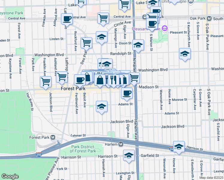 map of restaurants, bars, coffee shops, grocery stores, and more near 7335 Madison Street in Forest Park