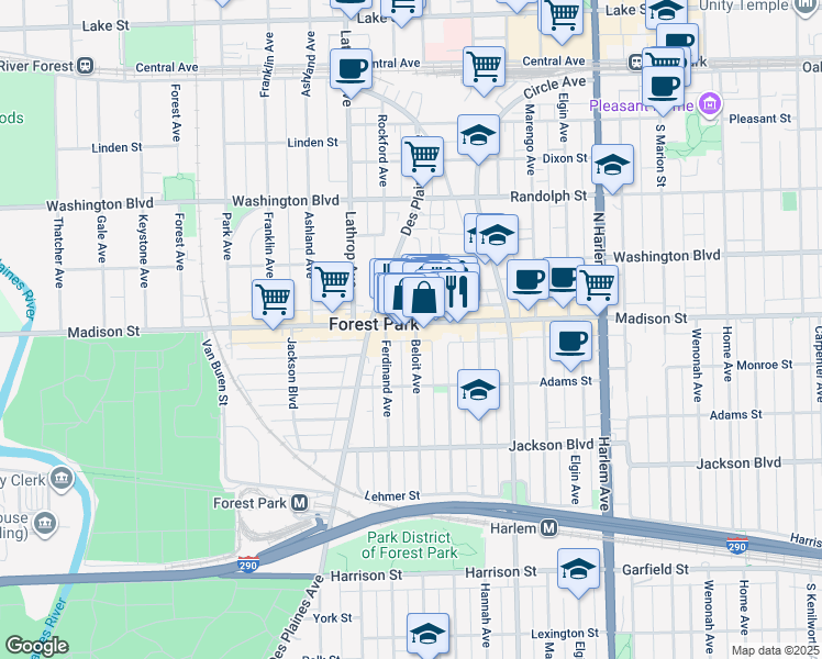 map of restaurants, bars, coffee shops, grocery stores, and more near 7441 Madison Street in Forest Park