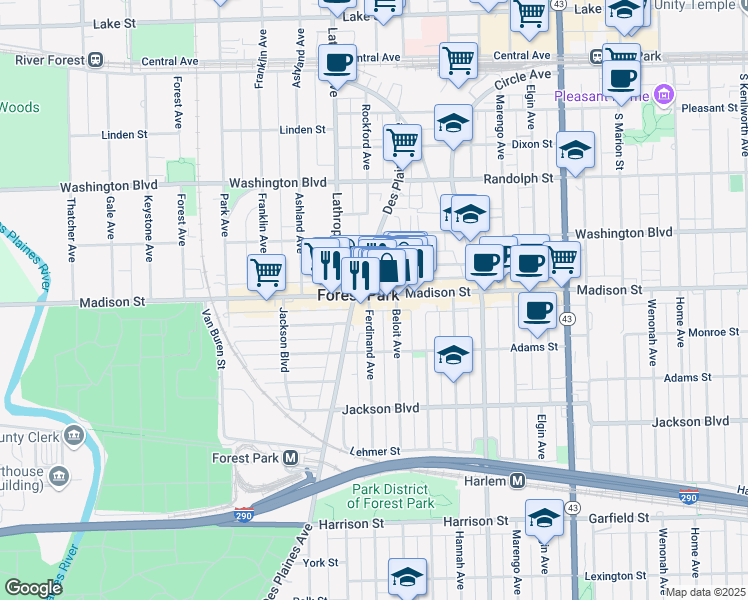 map of restaurants, bars, coffee shops, grocery stores, and more near 7508 Madison Street in Forest Park