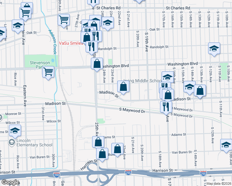 map of restaurants, bars, coffee shops, grocery stores, and more near 707 23rd Avenue in Bellwood