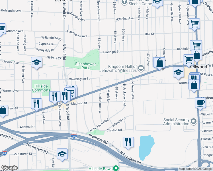 map of restaurants, bars, coffee shops, grocery stores, and more near 516 Maple Lane in Hillside