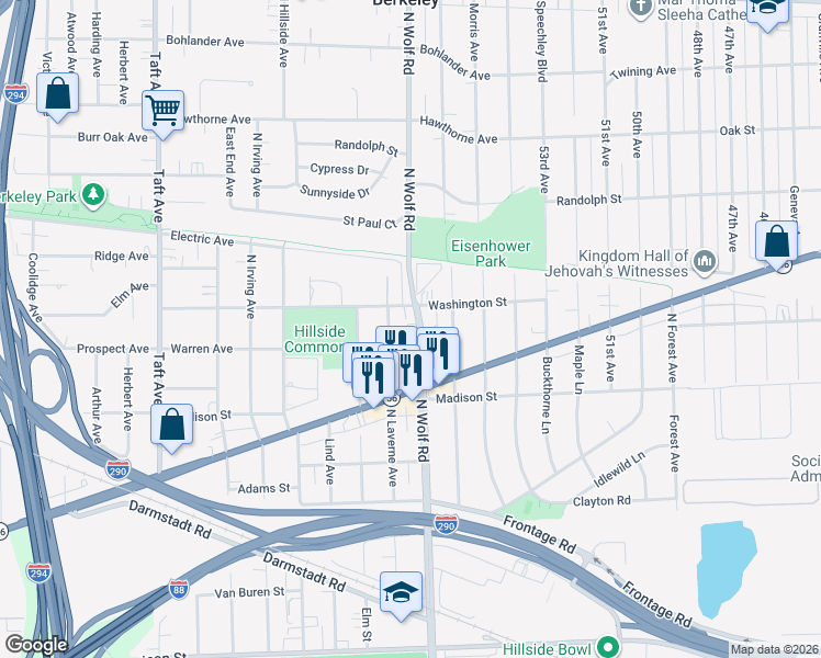 map of restaurants, bars, coffee shops, grocery stores, and more near 523N North Wolf Road in Hillside