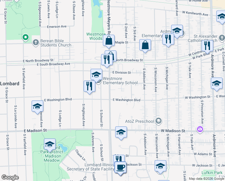 map of restaurants, bars, coffee shops, grocery stores, and more near 405 South Westmore-Meyers Road in Lombard