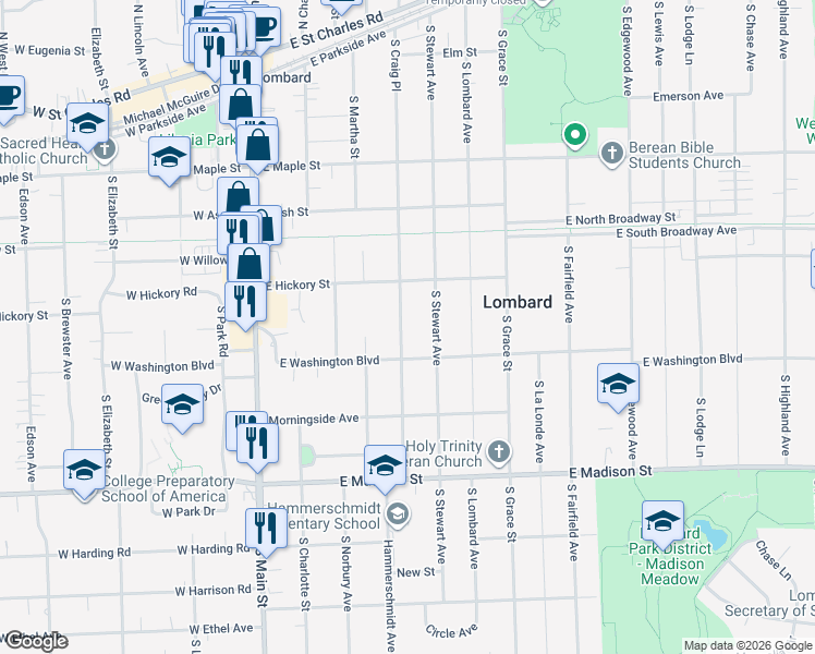 map of restaurants, bars, coffee shops, grocery stores, and more near 414 South Craig Place in Lombard