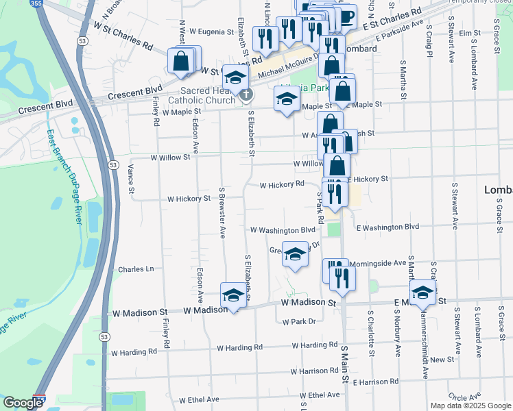 map of restaurants, bars, coffee shops, grocery stores, and more near 235 West Hickory Road in Lombard