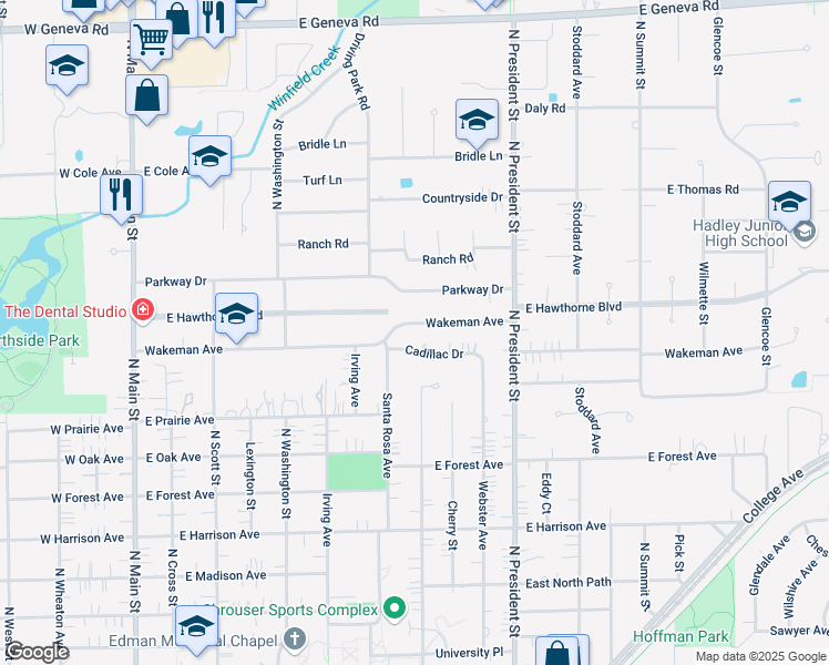 map of restaurants, bars, coffee shops, grocery stores, and more near 603 Wakeman Avenue in Wheaton