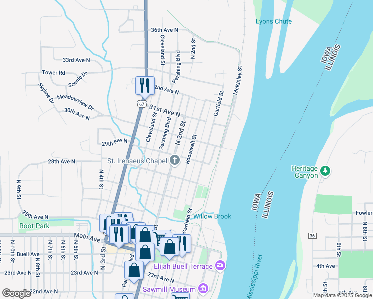 map of restaurants, bars, coffee shops, grocery stores, and more near 2901-2999 North 2nd Street in Clinton