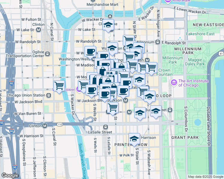 map of restaurants, bars, coffee shops, grocery stores, and more near 111 West Adams Street in Chicago