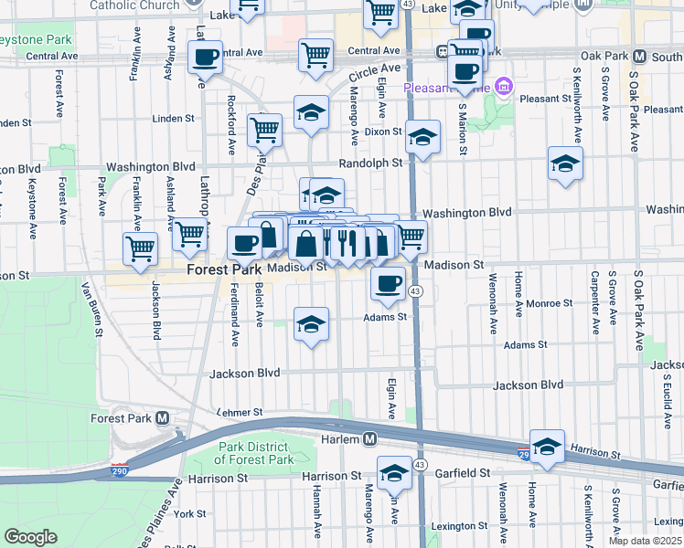 map of restaurants, bars, coffee shops, grocery stores, and more near 7335 Madison Street in Forest Park