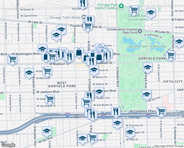 map of restaurants, bars, coffee shops, grocery stores, and more near 115 South Pulaski Road in Chicago