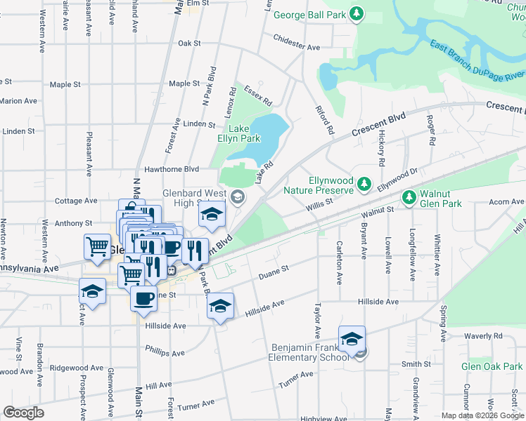 map of restaurants, bars, coffee shops, grocery stores, and more near 671 Crescent Boulevard in Glen Ellyn
