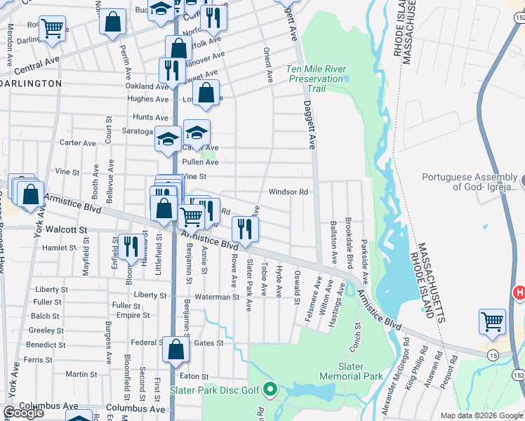 map of restaurants, bars, coffee shops, grocery stores, and more near 67 Windsor Road in Pawtucket