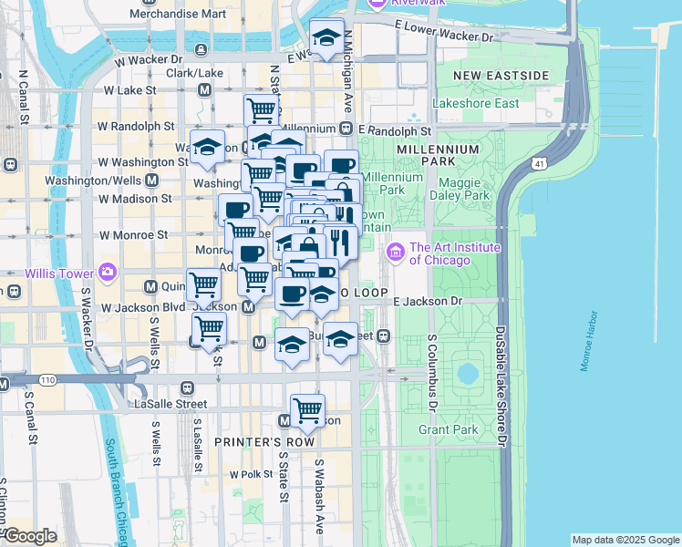 map of restaurants, bars, coffee shops, grocery stores, and more near 200 South Michigan Avenue in Chicago