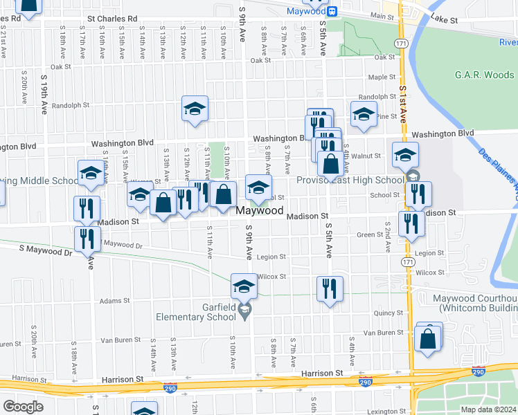 map of restaurants, bars, coffee shops, grocery stores, and more near 901 South 9th Avenue in Maywood