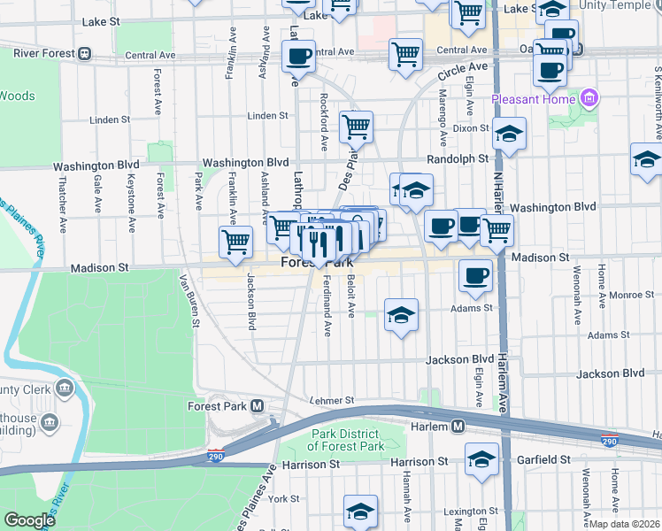 map of restaurants, bars, coffee shops, grocery stores, and more near 7518 Madison Street in Forest Park