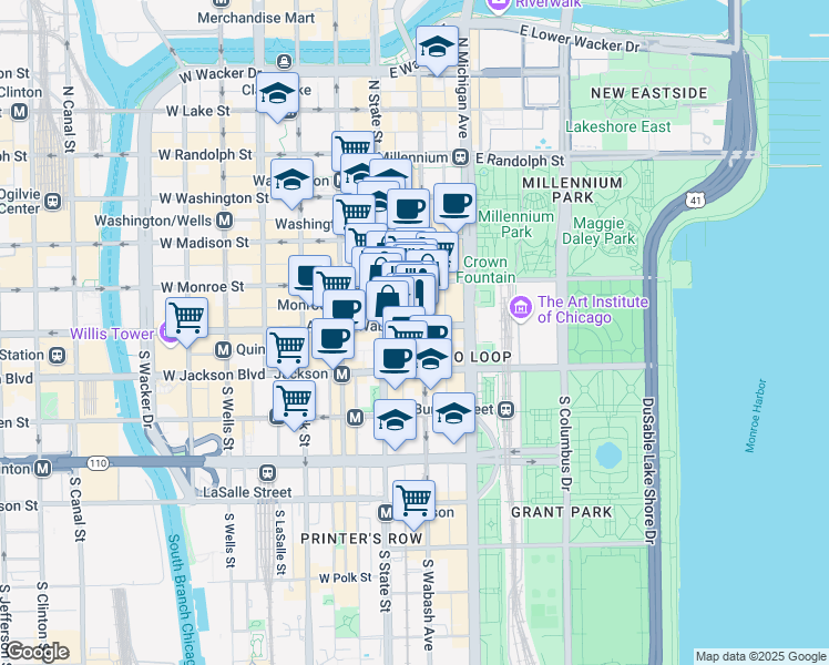 map of restaurants, bars, coffee shops, grocery stores, and more near 111 S South State Street in Chicago