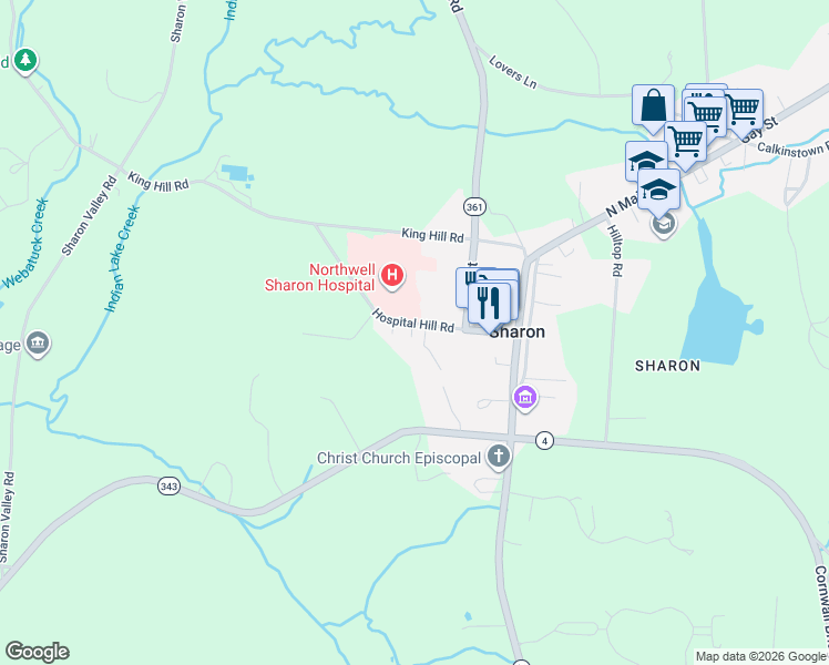 map of restaurants, bars, coffee shops, grocery stores, and more near 32 Hospital Hill Road in Sharon