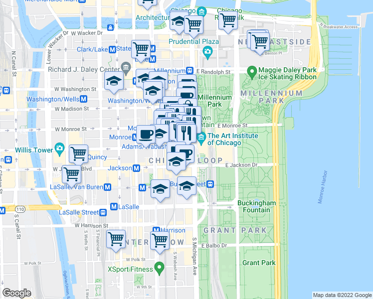 map of restaurants, bars, coffee shops, grocery stores, and more near 135 South Wabash Avenue in Chicago