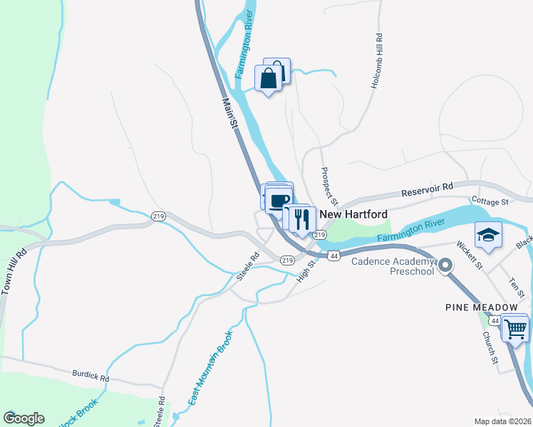 map of restaurants, bars, coffee shops, grocery stores, and more near 551 Main Street in New Hartford