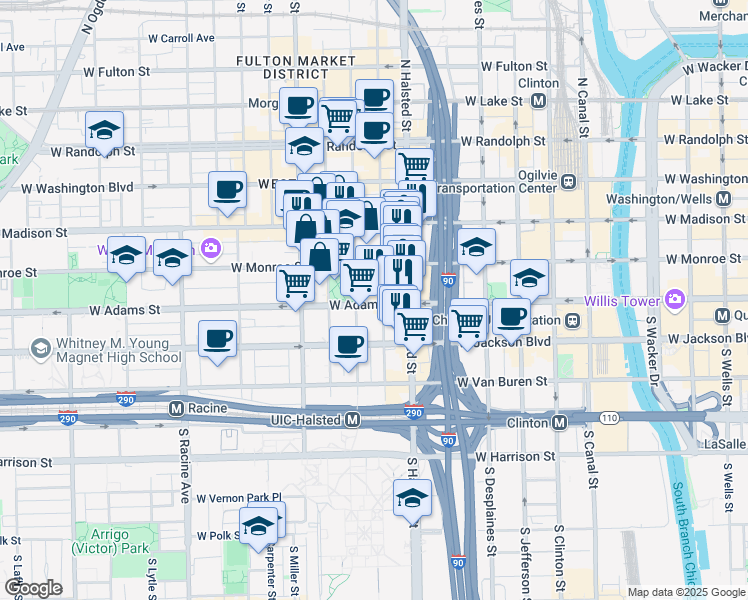 map of restaurants, bars, coffee shops, grocery stores, and more near 113 South Peoria Street in Chicago