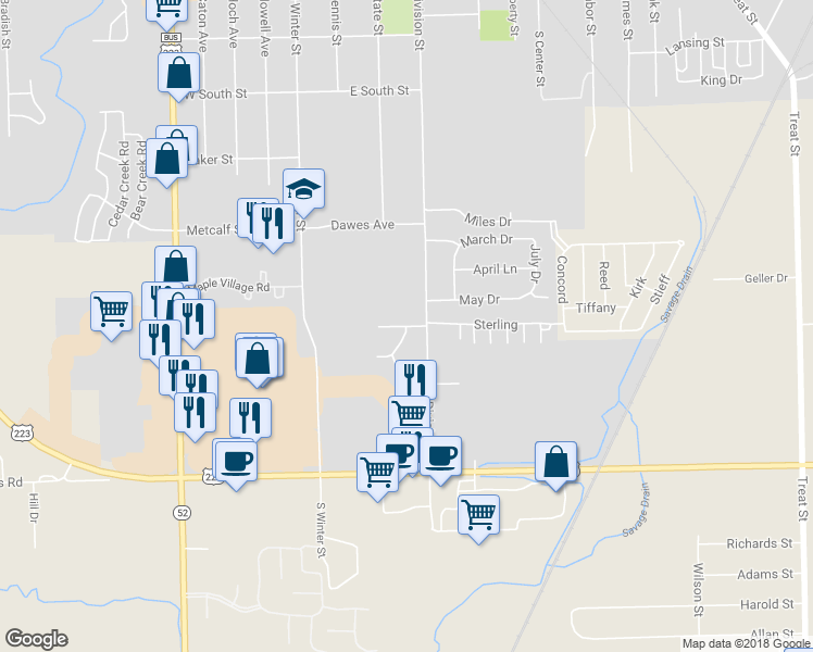 map of restaurants, bars, coffee shops, grocery stores, and more near 203 Southfield Drive in Adrian