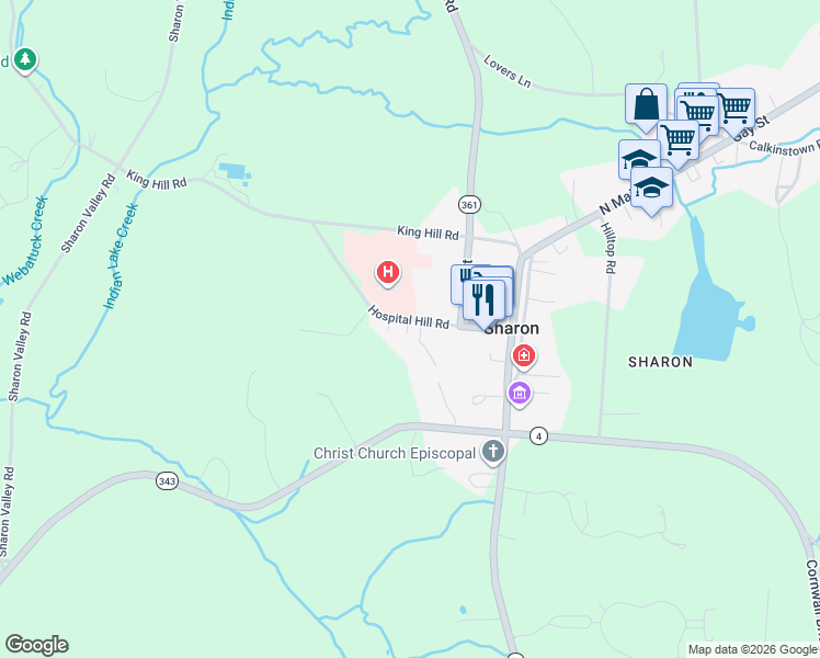 map of restaurants, bars, coffee shops, grocery stores, and more near 32 Hospital Hill Road in Sharon