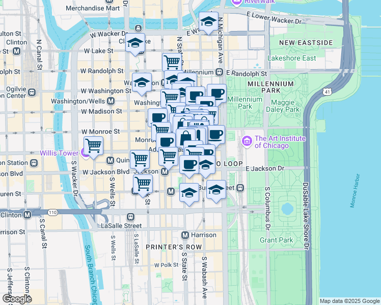 map of restaurants, bars, coffee shops, grocery stores, and more near 127 South State Street in Chicago
