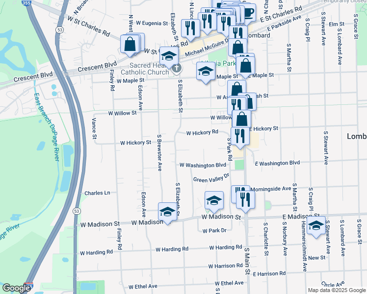 map of restaurants, bars, coffee shops, grocery stores, and more near 235 West Hickory Road in Lombard
