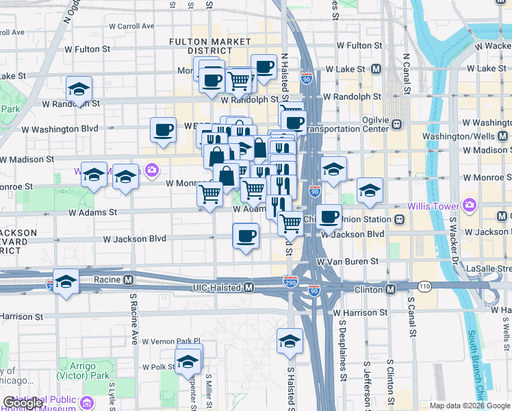 map of restaurants, bars, coffee shops, grocery stores, and more near 113 South Peoria Street in Chicago