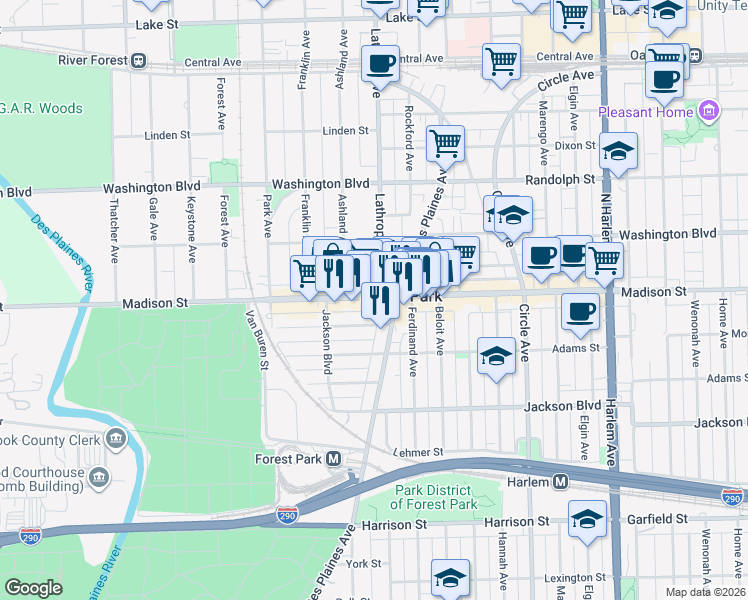 map of restaurants, bars, coffee shops, grocery stores, and more near in Forest Park