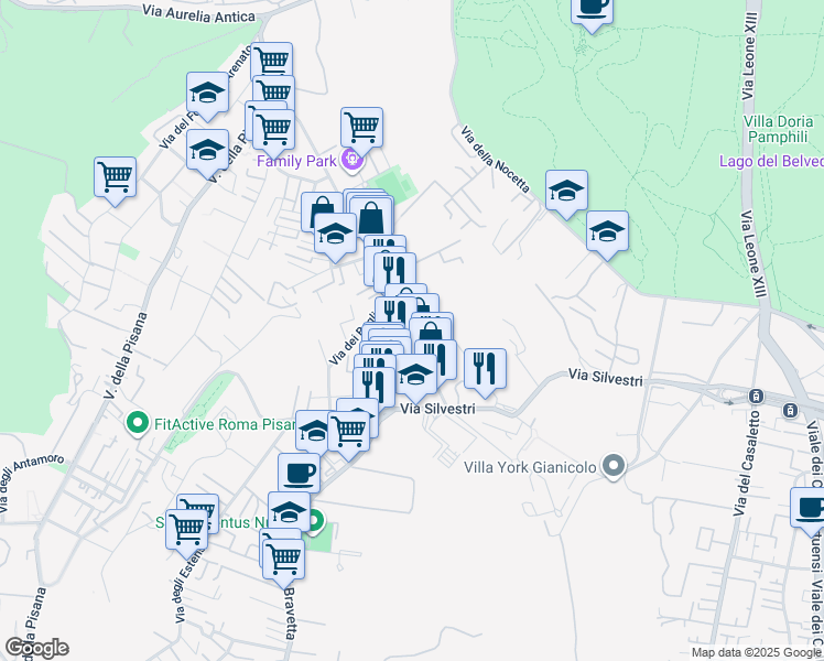 map of restaurants, bars, coffee shops, grocery stores, and more near 75-133 Via Antonio Sogliano in Rome