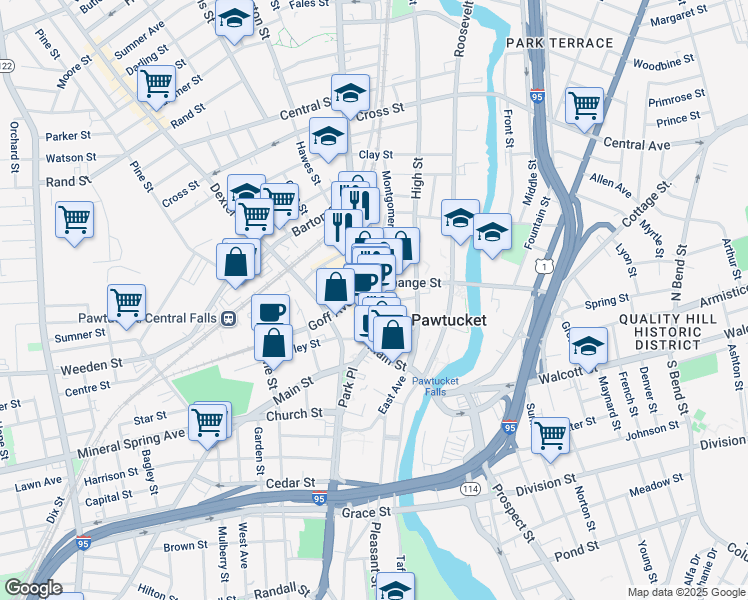 map of restaurants, bars, coffee shops, grocery stores, and more near 35 Summer Street in Pawtucket